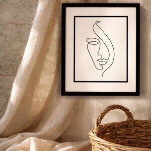 Black & White Line Art Female Face Swirl Decorative Wall Art Drawing 11 x 13